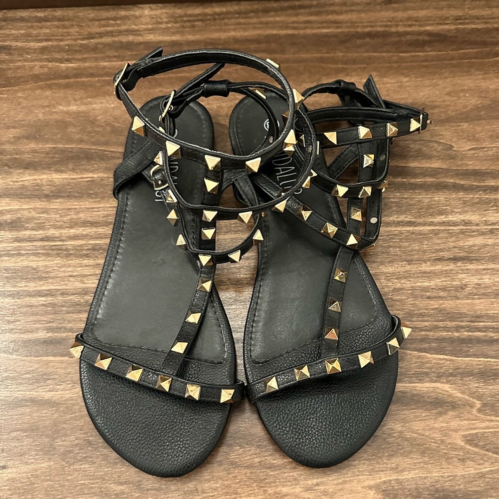 Black Gladiator Sandals with Gold Studs